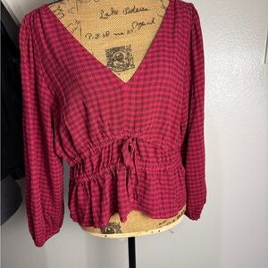 Madewell Pink and Black Plaid V-Neck Drawstring Waist Blouse